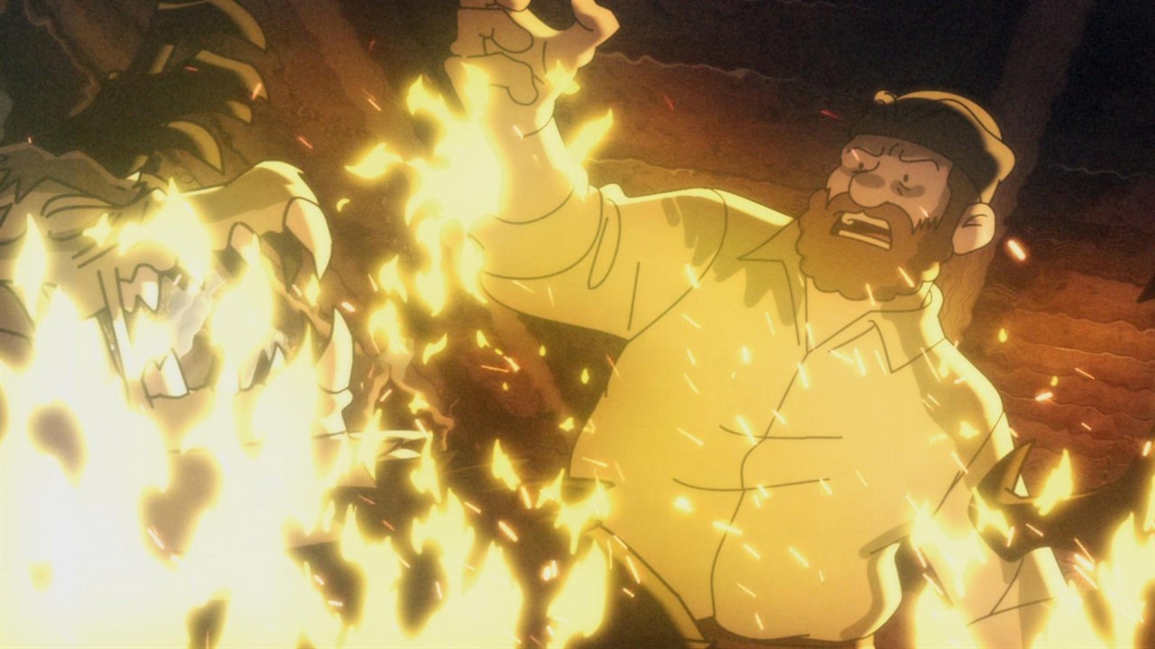 a man with a beard in standing in front of a fire