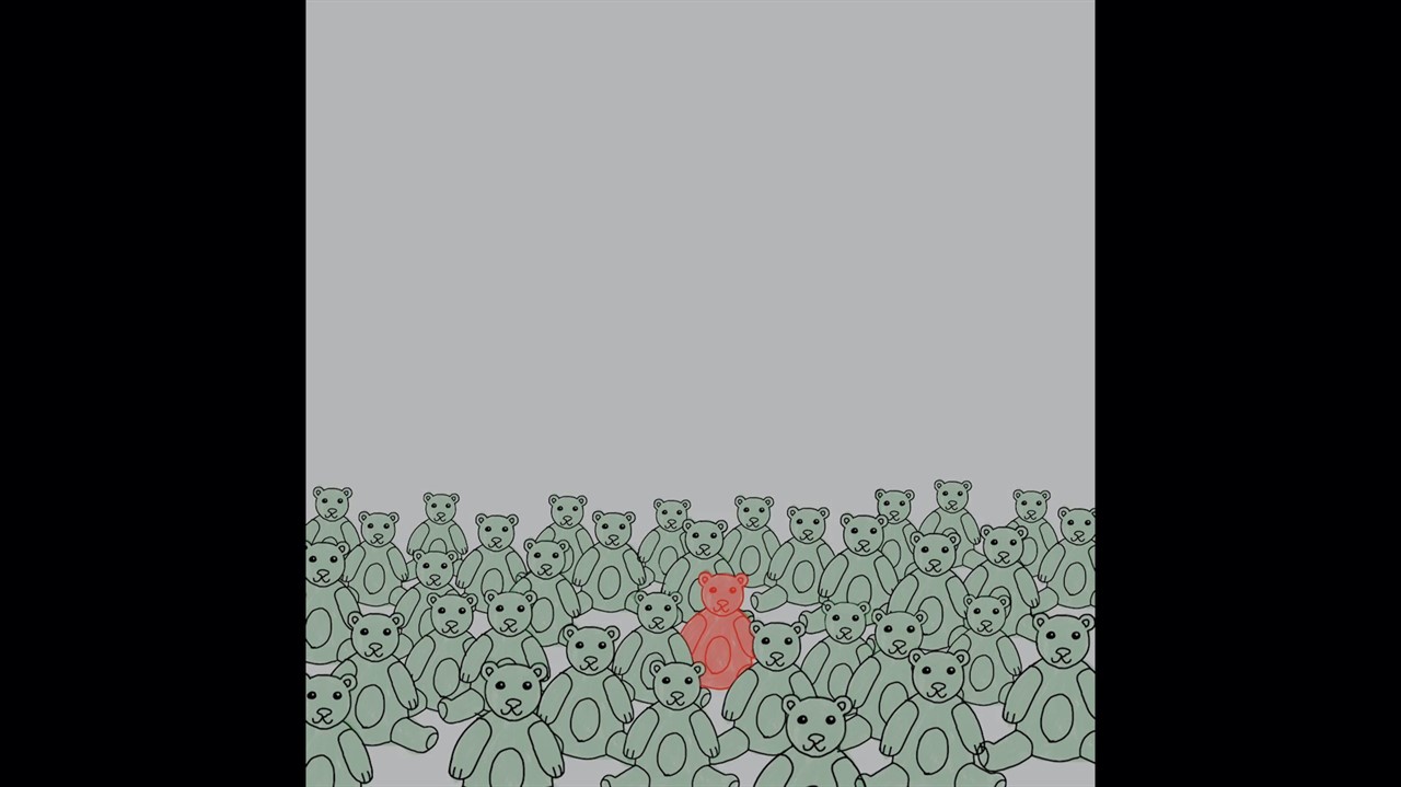 Cartoon of many grey-green teddy bears. One red