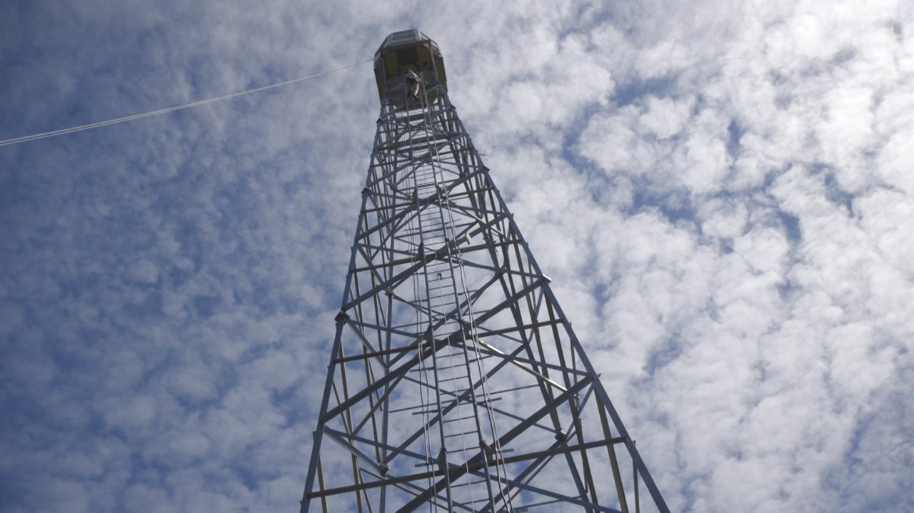 View of the fire tower from below, looking up