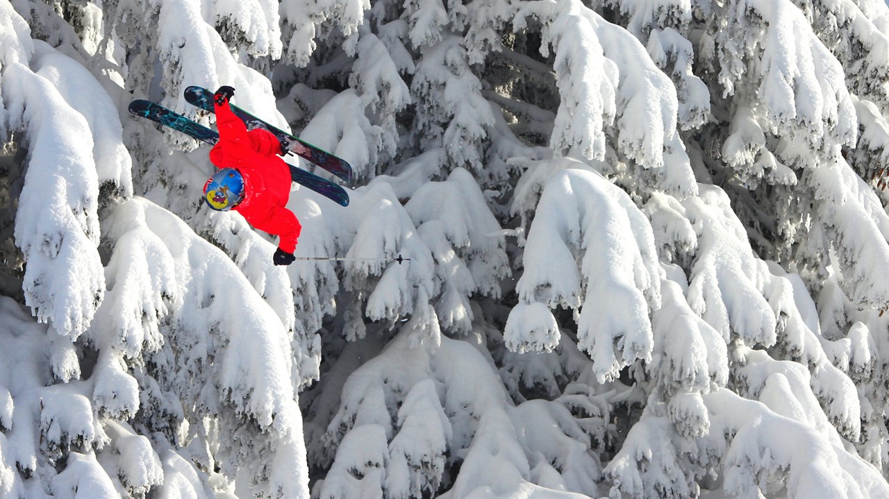 Skier in flight in front of a snow covered tree
