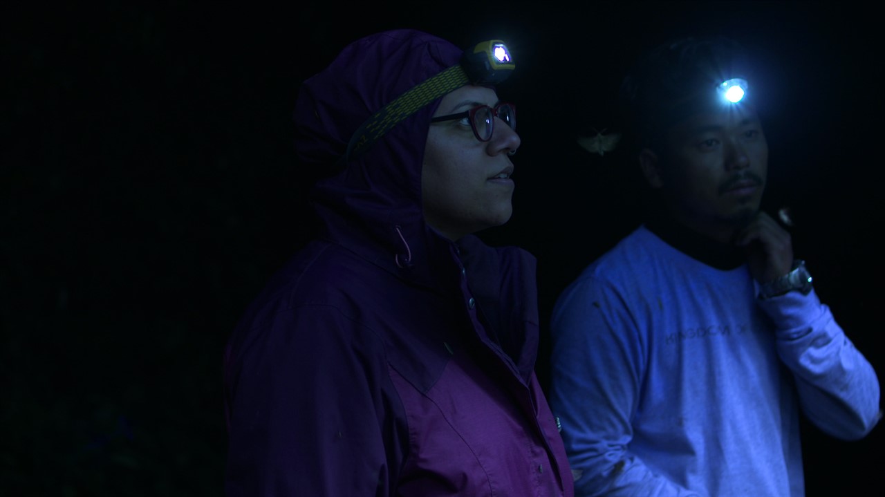 Two peopel in the dark with head lamps
