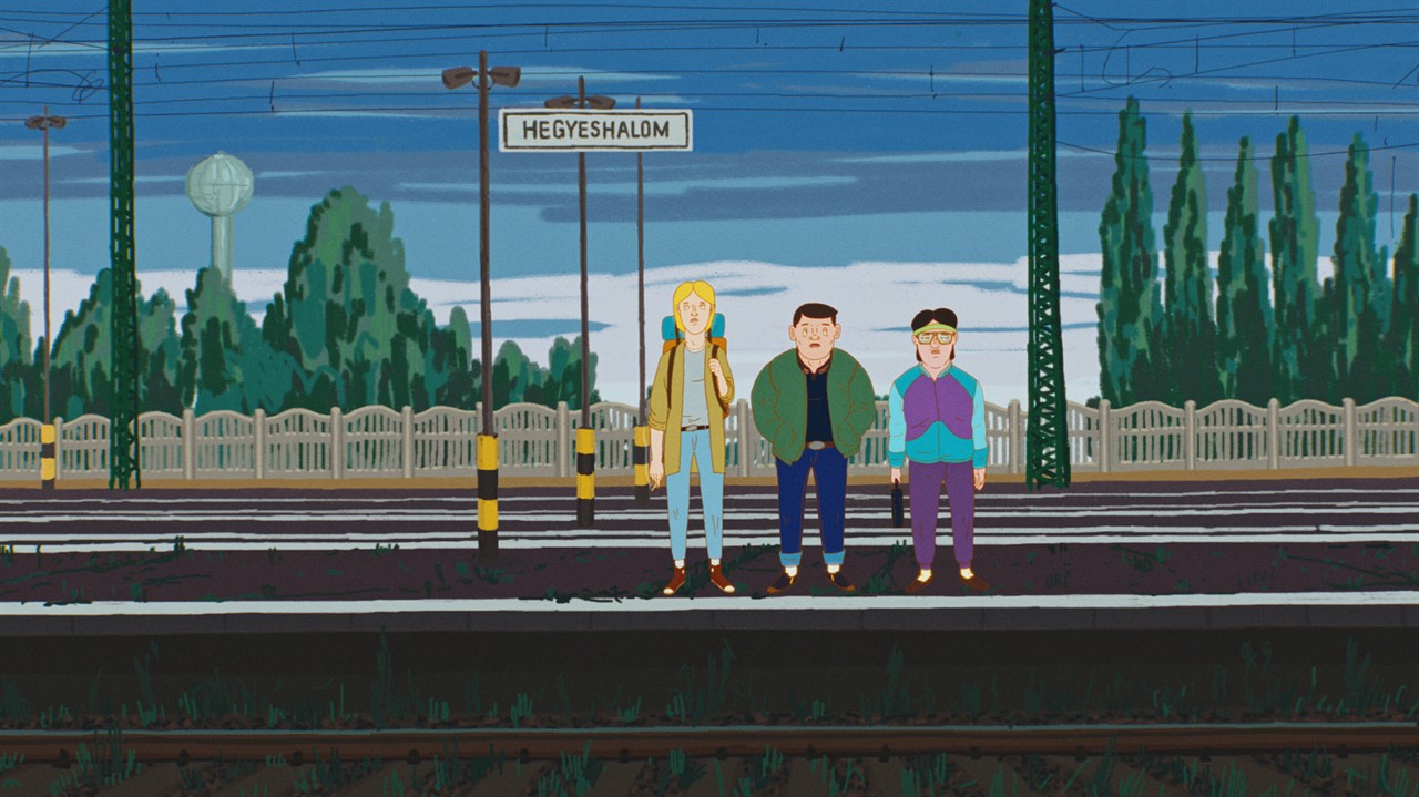 Cartoon of three people waiting by train tracks