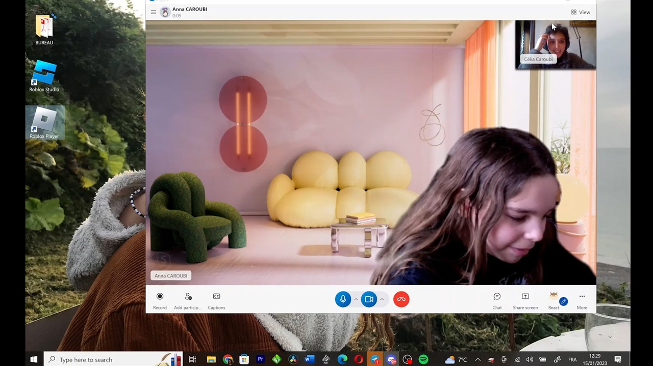Skype screen of a young girl. Desktop in backgroun