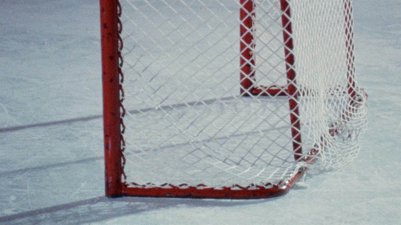 Closeup of a net on the ice