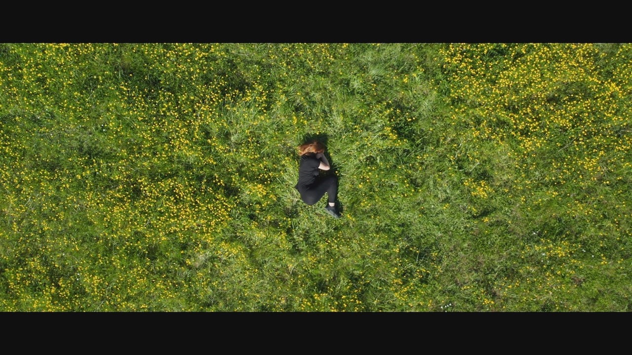 Aeial view of a person curled up in a field