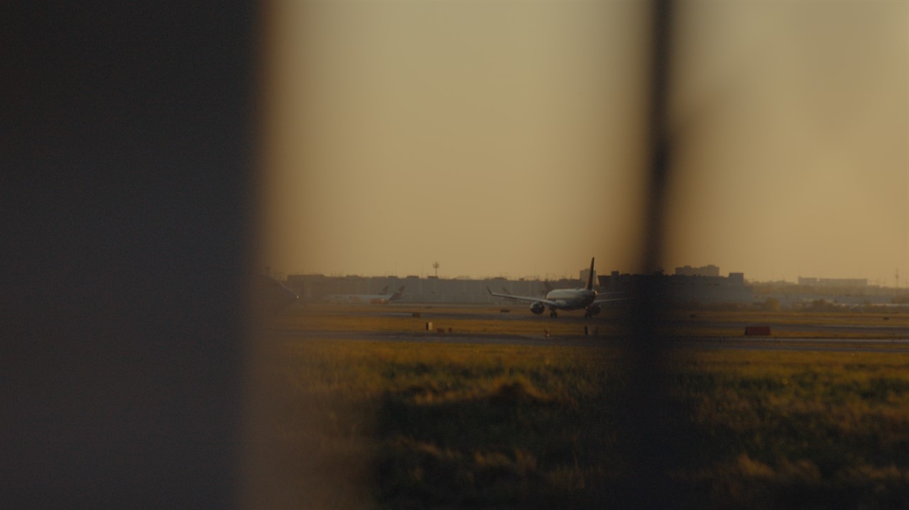 Plane in a field seen through an obstruction