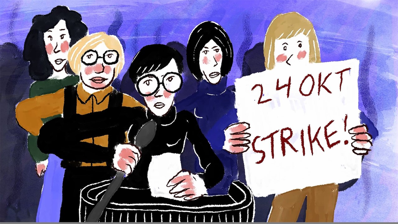 Cartoon of 5 women: Sign reading 24OKT Strike