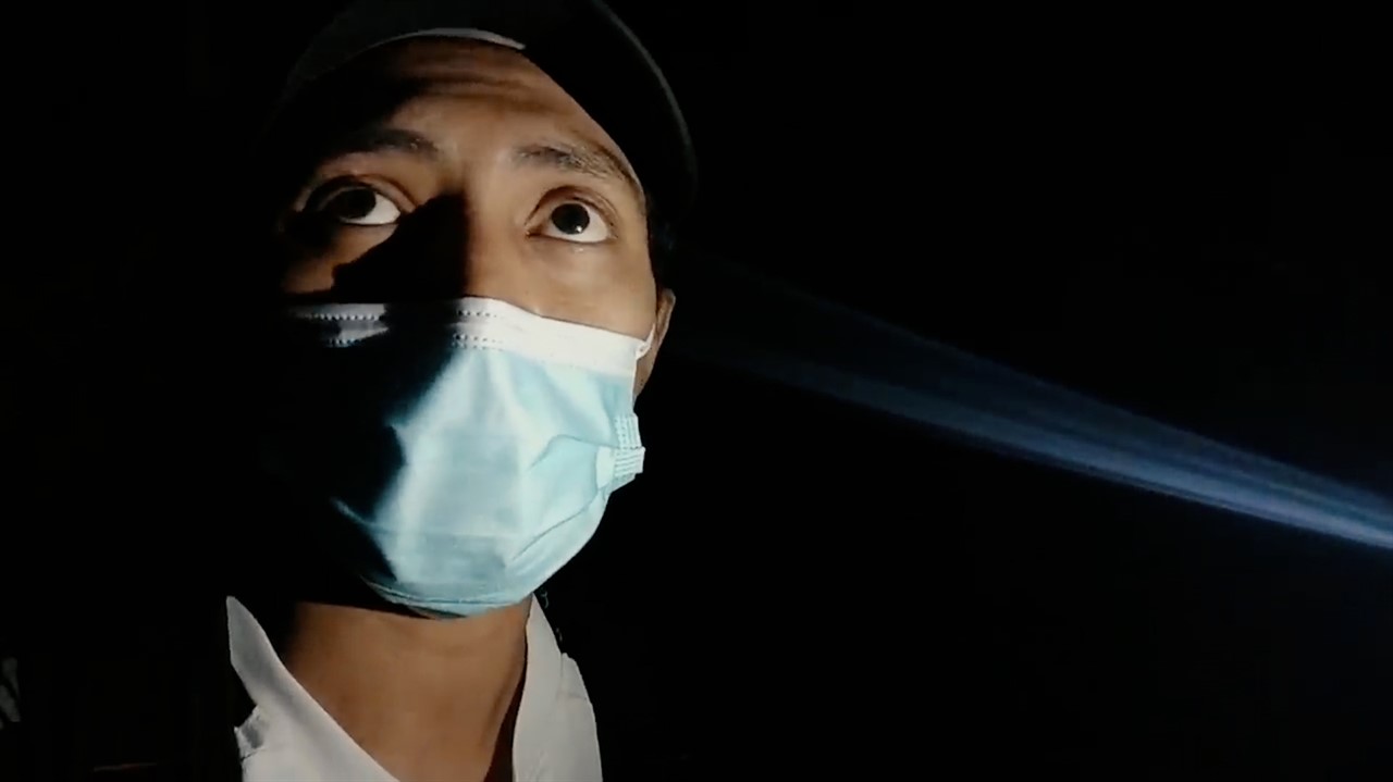 Closeup of a person wearing a medical mask