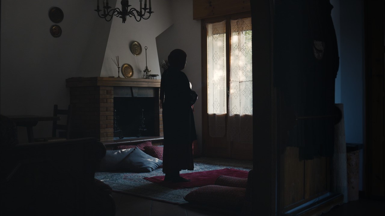 A woman wearing a hijab stands facing a window in 