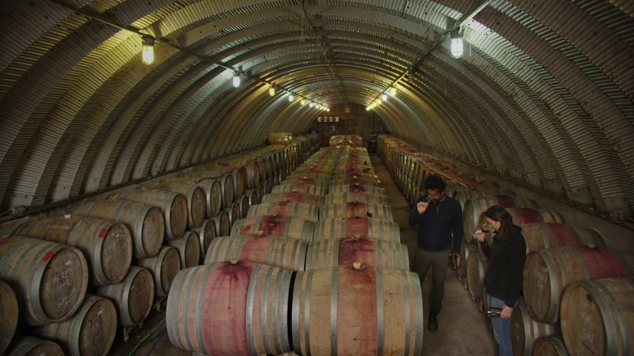 two people drinking wine amongst barrels