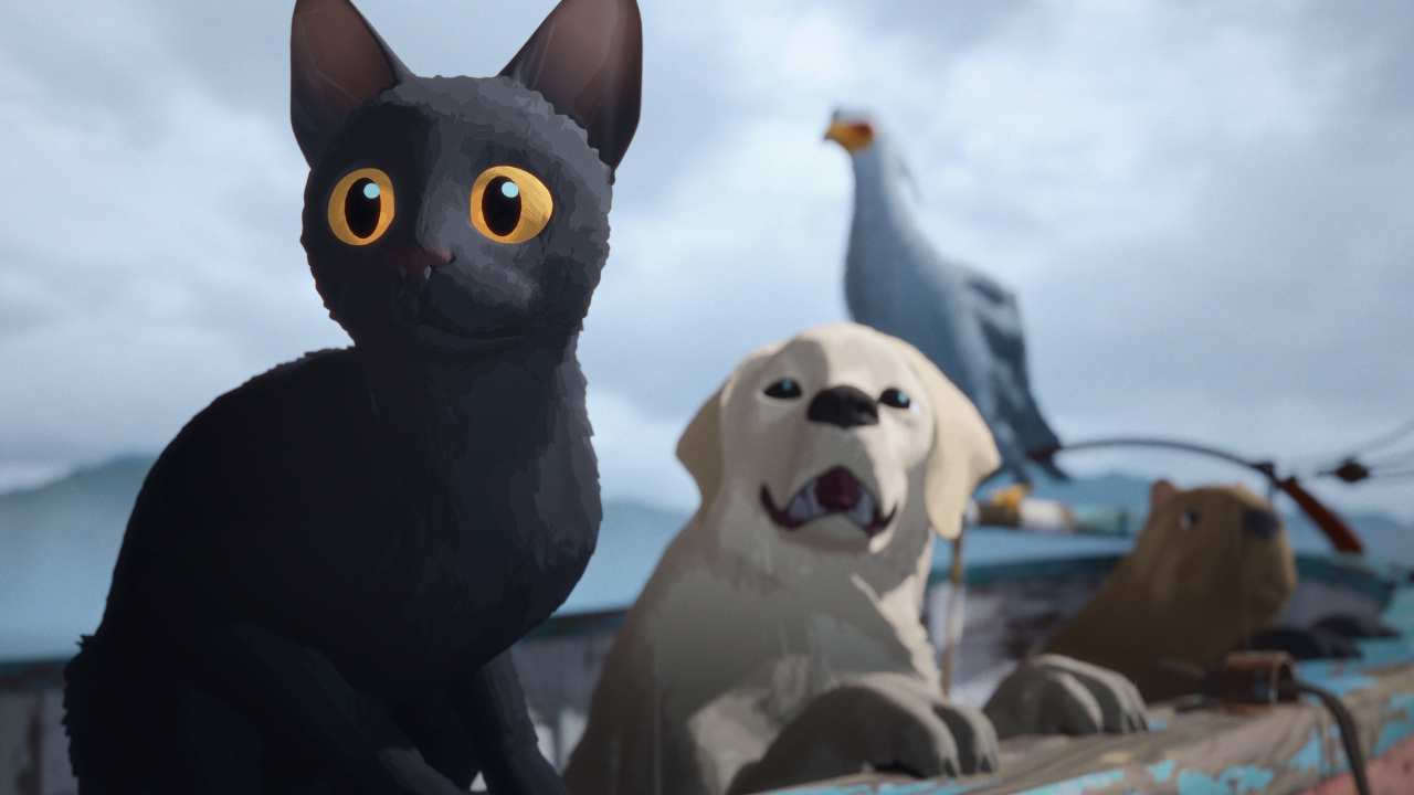 an animated cat, dog, bird and beaver