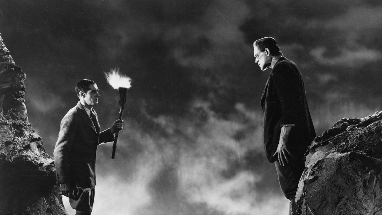 Dr. Frankenstein a torch and his monster