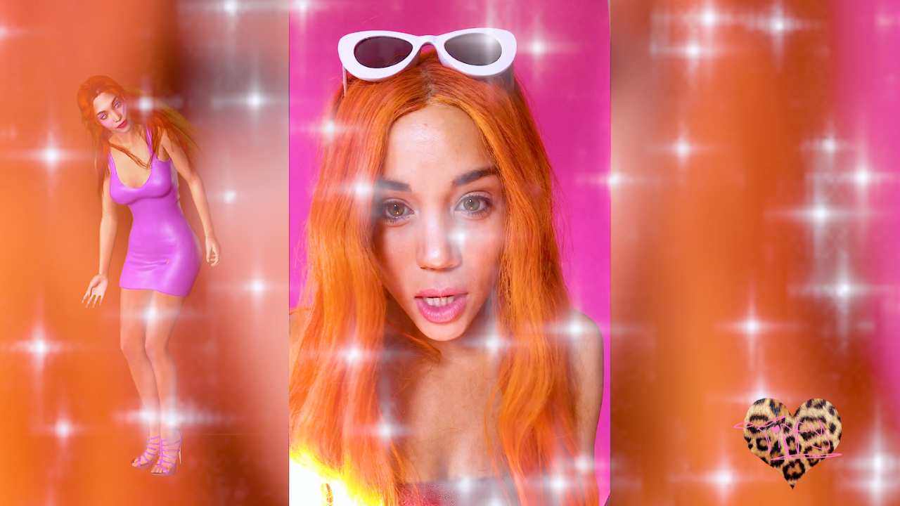 a girl with bright orange hair & white sunglasses