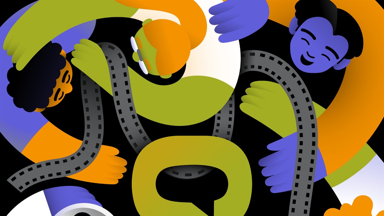 Cartoon people hugging around Hot Docs logo