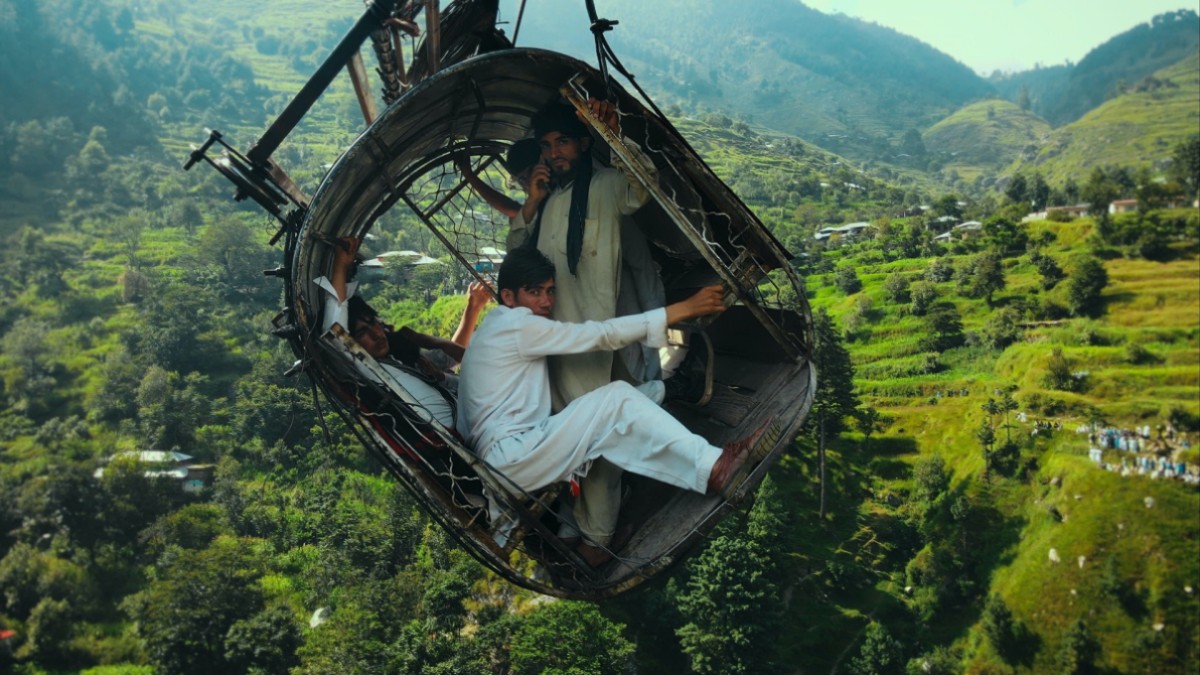 a group of people trapped in a gondola