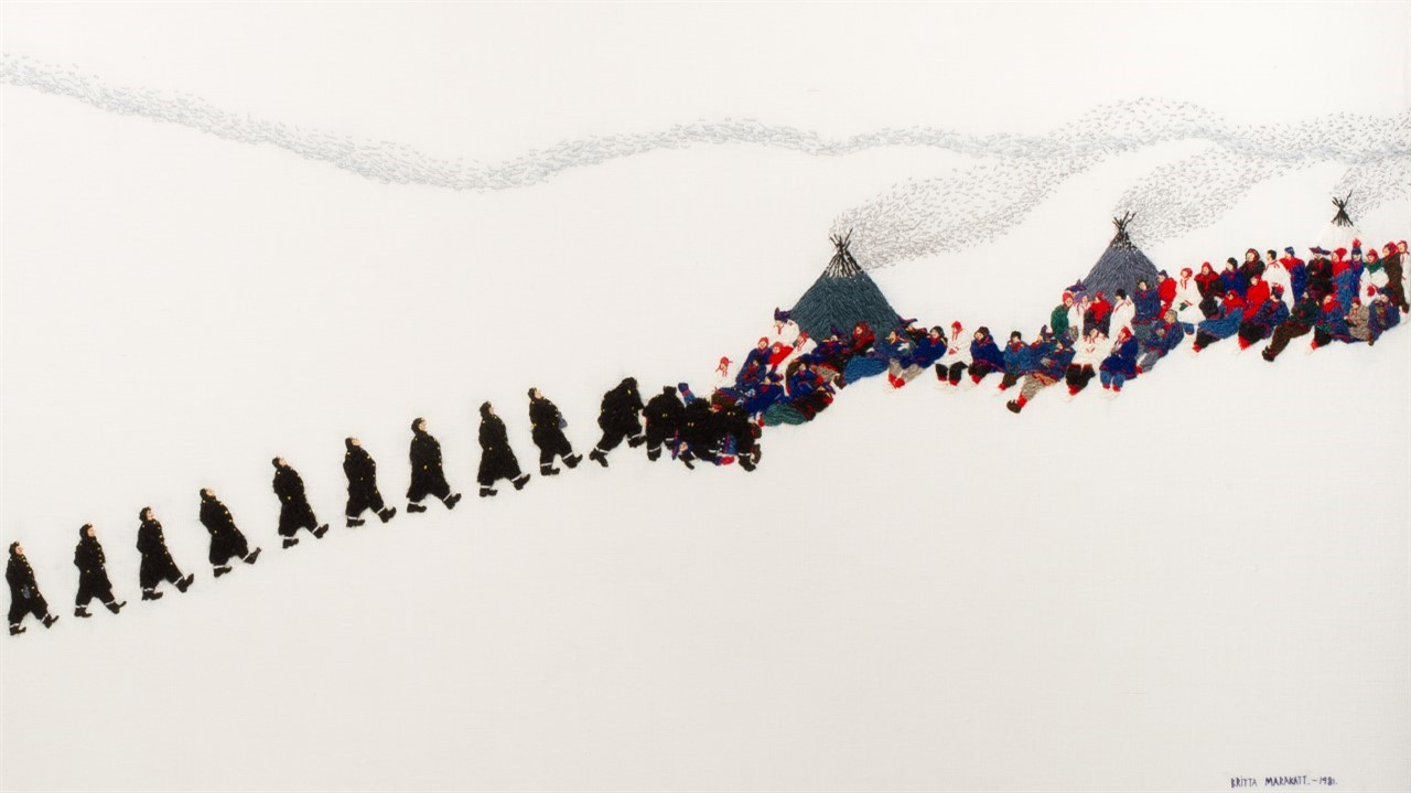 Painting of people marching towards a village