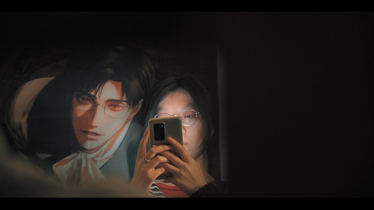 Woman looking at phone, illustrated man beside her