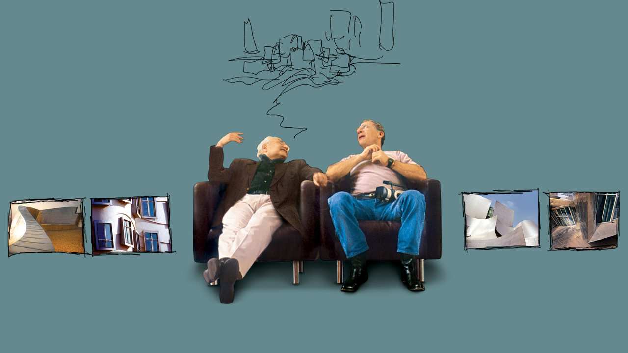 two men sitting talking under a sketch