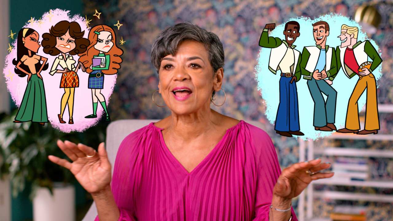 Sonia Manzano in pink next to animated characters