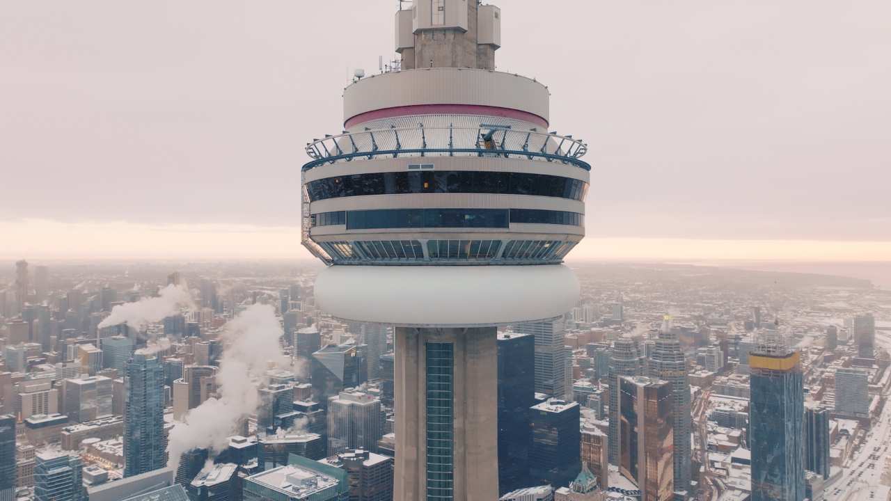closeup of the top of the CN Tower