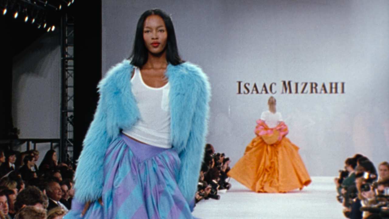 Naomi Campbell in blue fur on a runway