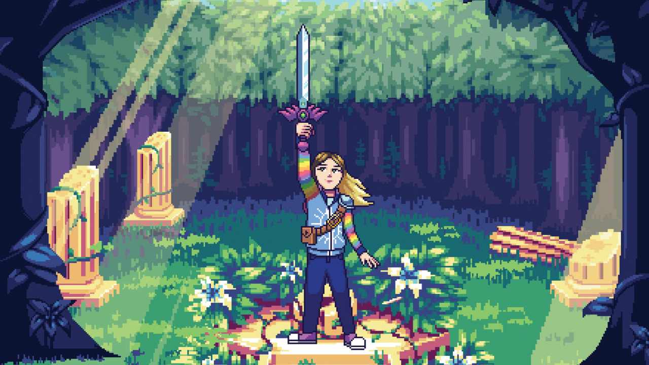 a young woman holding a sword in a video game