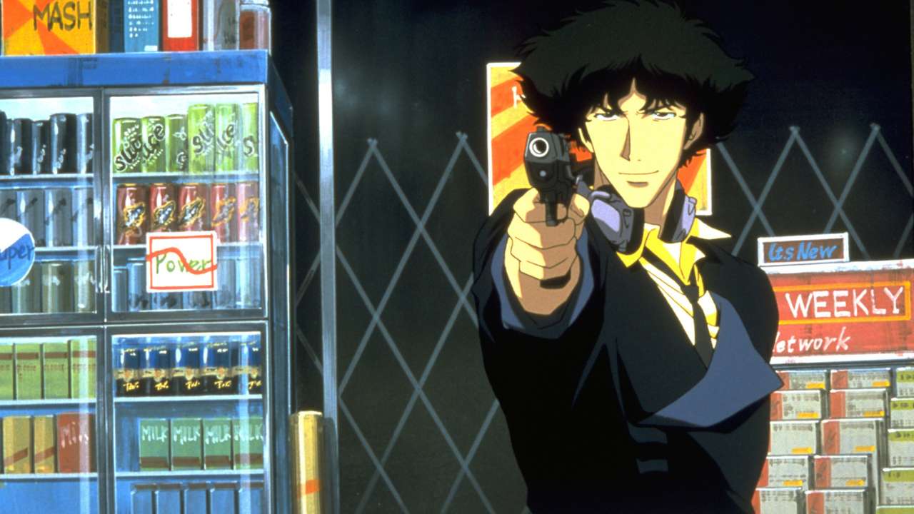 a man holding a gun in front of a store