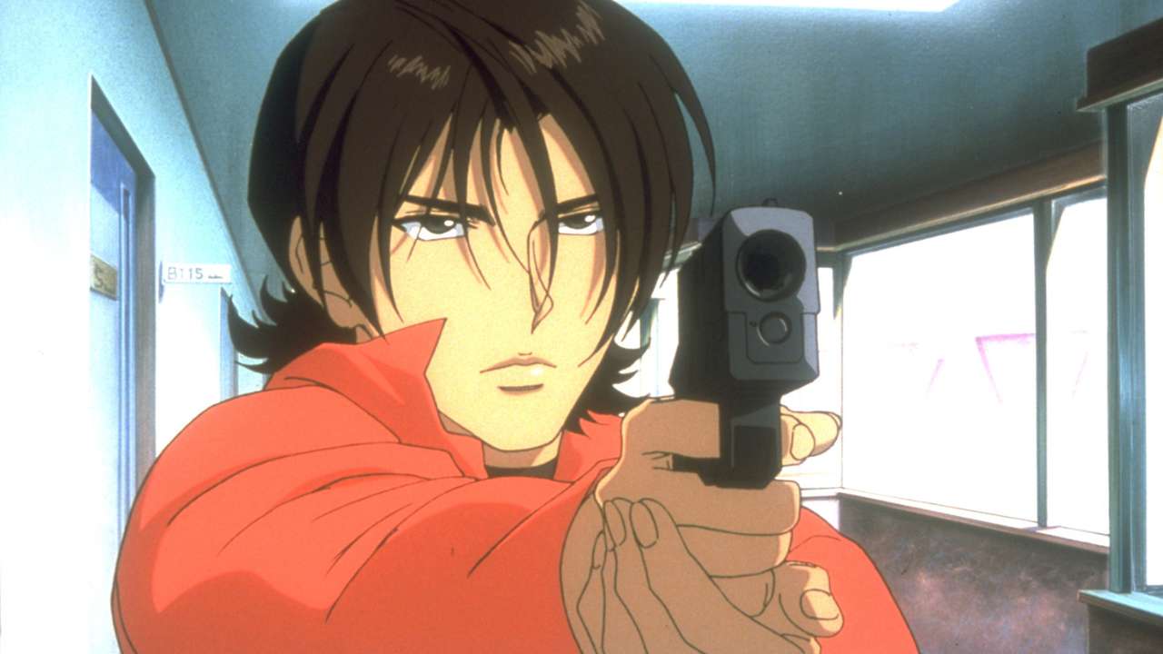 a person in a red jacket holding a gun