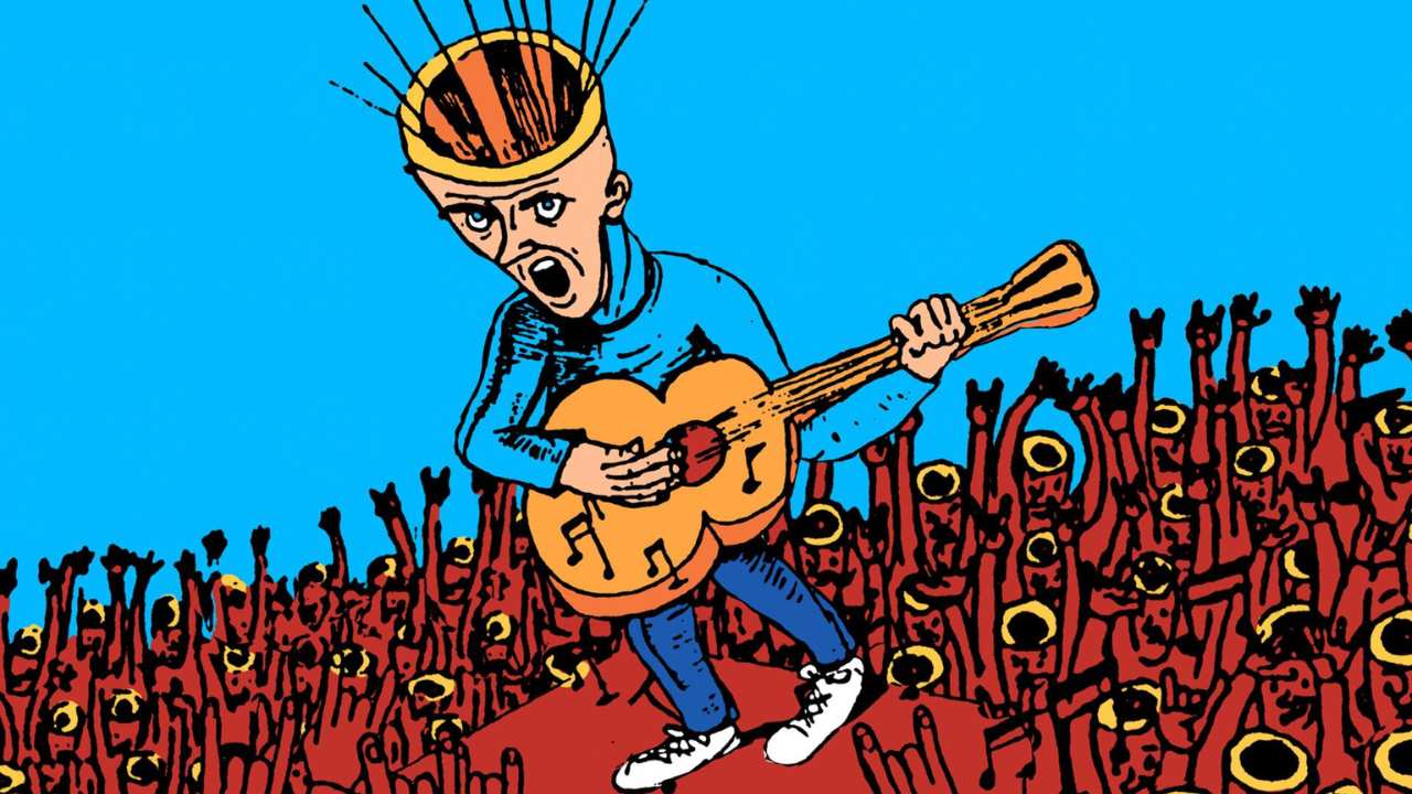 poster art of a man playing guitar to a crowd