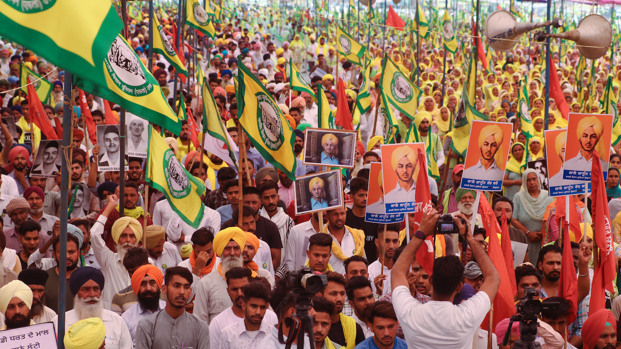 Lare crowd of protesters holding signs and flags