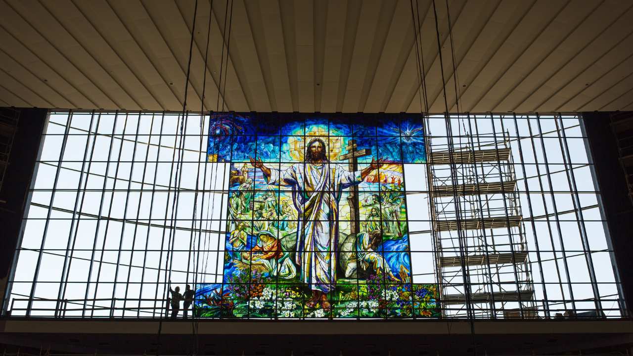a stained glass installation of Jesus