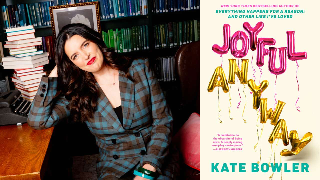 author Kate Bowler next to a book cover