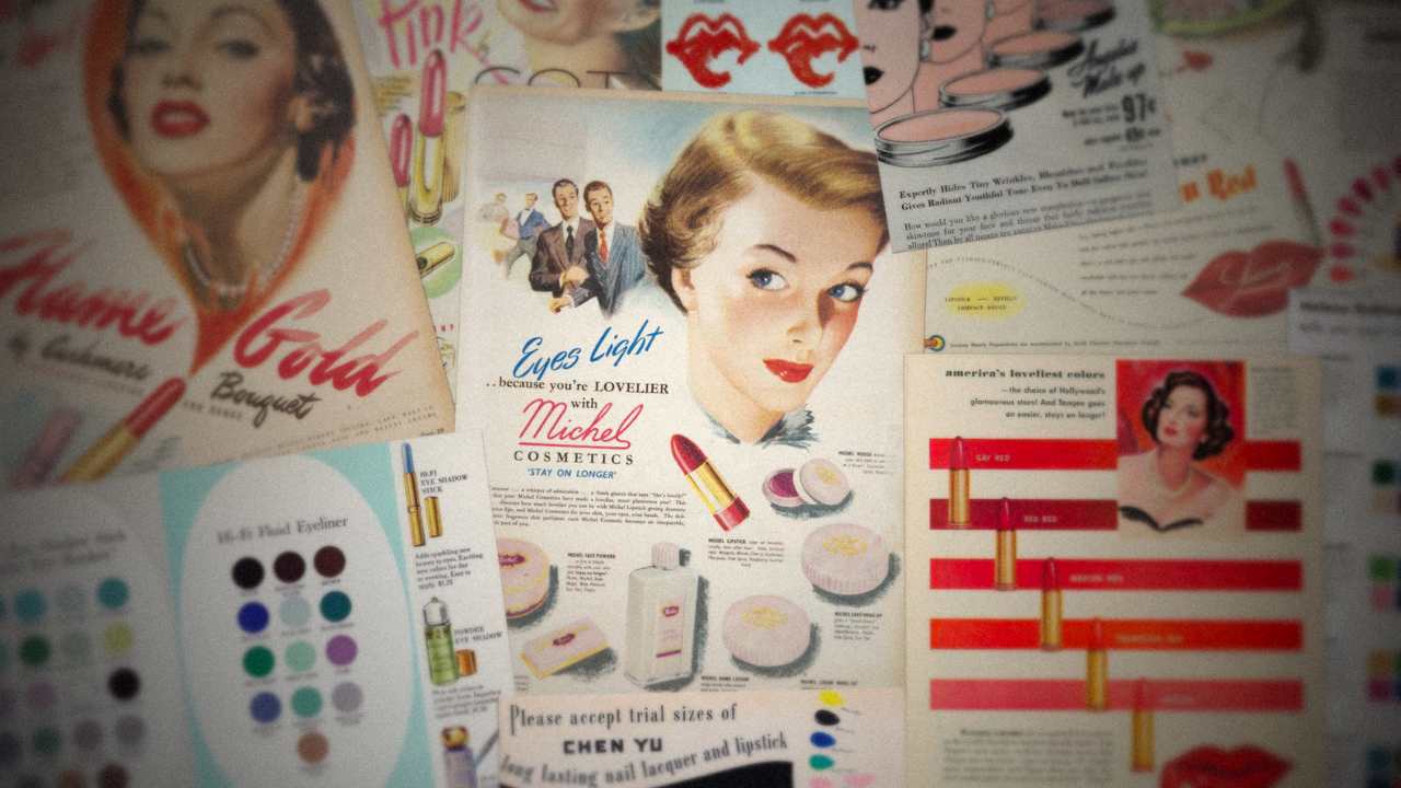 collage of print ads for vintage costmetics