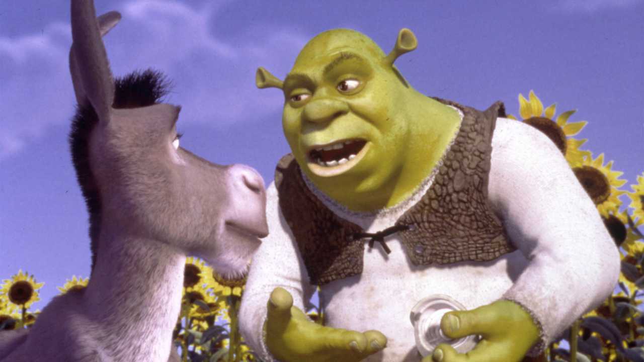 a green ogre and a donkey talking