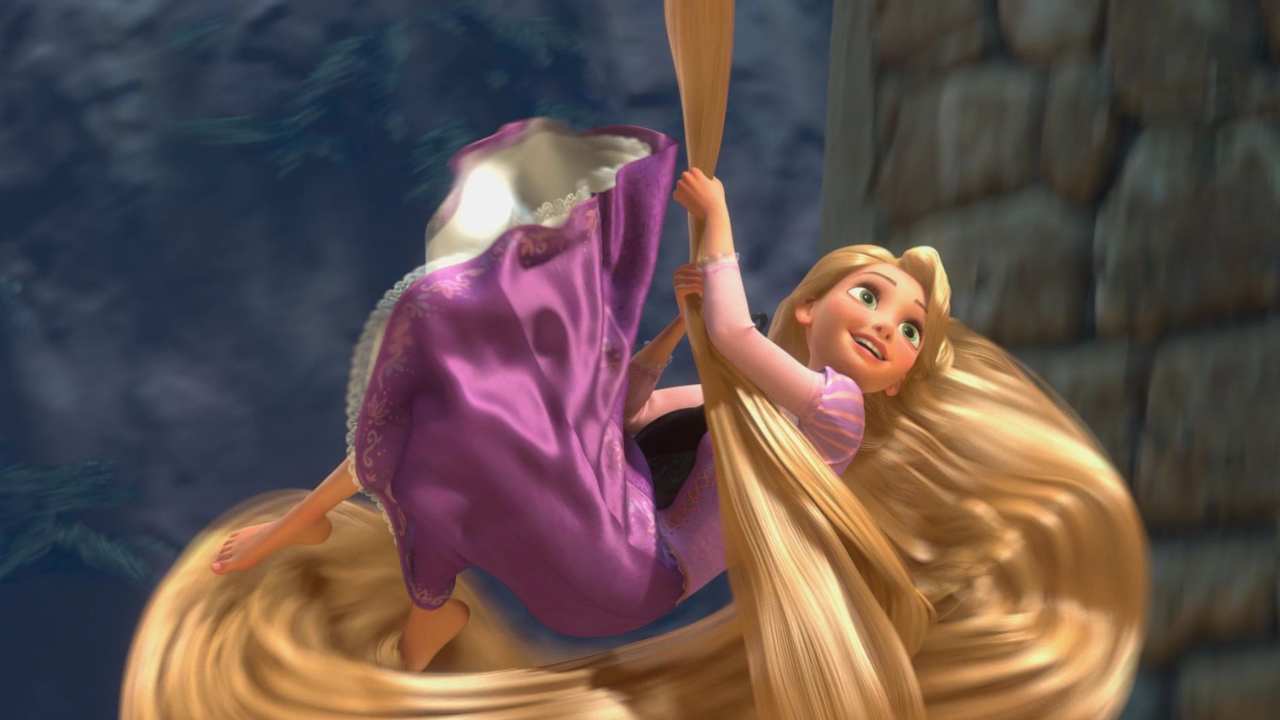 Rapunzel climbing out of the tower with her hair