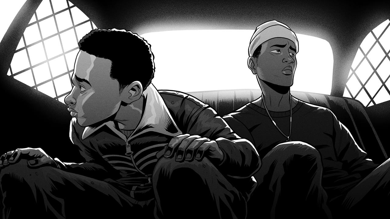 Drawing of two Black youth in back of police car