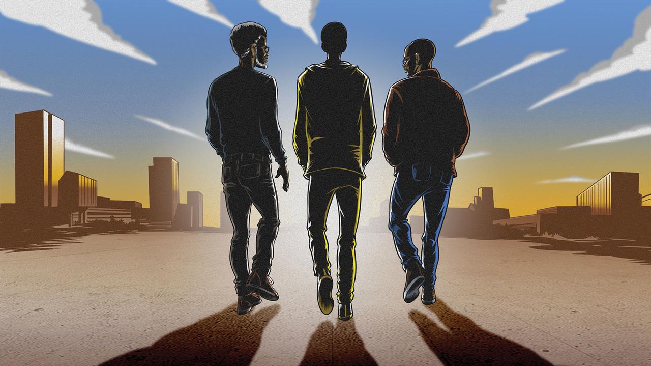 Illustration of 3 Black men walking into sunset