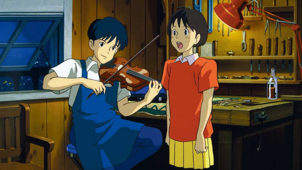 a girl singing while a young man plays a fiddle