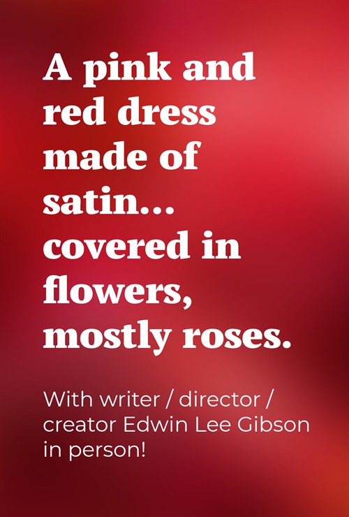 A pink and red dress made of satin... covered in flowers, mostly roses.